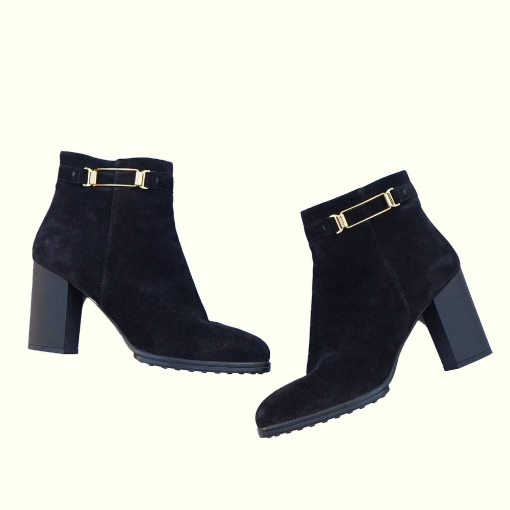 Tod's Suede Leather Black Gold Boots with heel